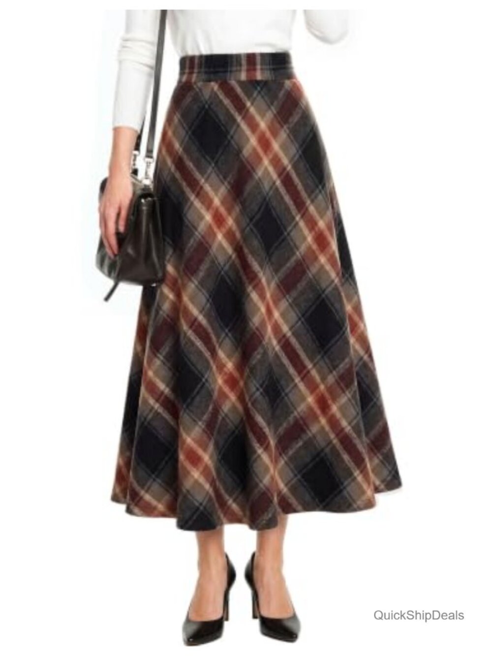 Plaid A-Line Midi Skirt for Women with Pockets High Waisted Elastic Waist Fall